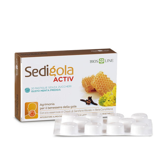 BIOS LINE Sedigola Activ 20 Pastiglie Gusto Menta Fredda, Integratore Alimentare per il Benessere della Gola, con Propoli e Oli Essenziali, Senza Zuccheri - Naturopatica shop & therapy
