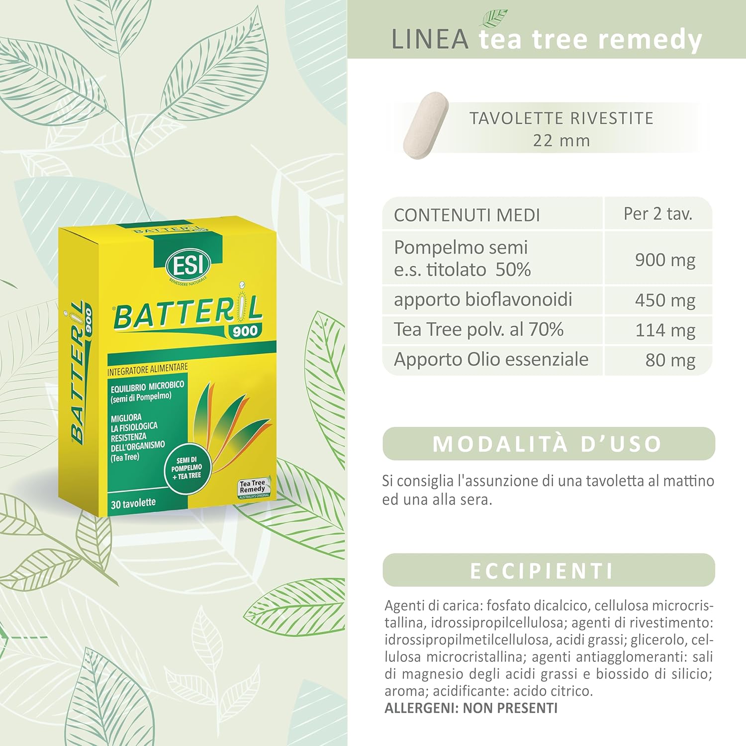 ESI - Batteril 900, Integratore Alimentare di Tea Tree Oil e Semi di Pompelmo, Sostiene il Sistema Immunitario, Favorisce l'Equilibrio Microbico, Senza Glutine e Vegan, 30 Tavolette - Naturopatica shop & therapy