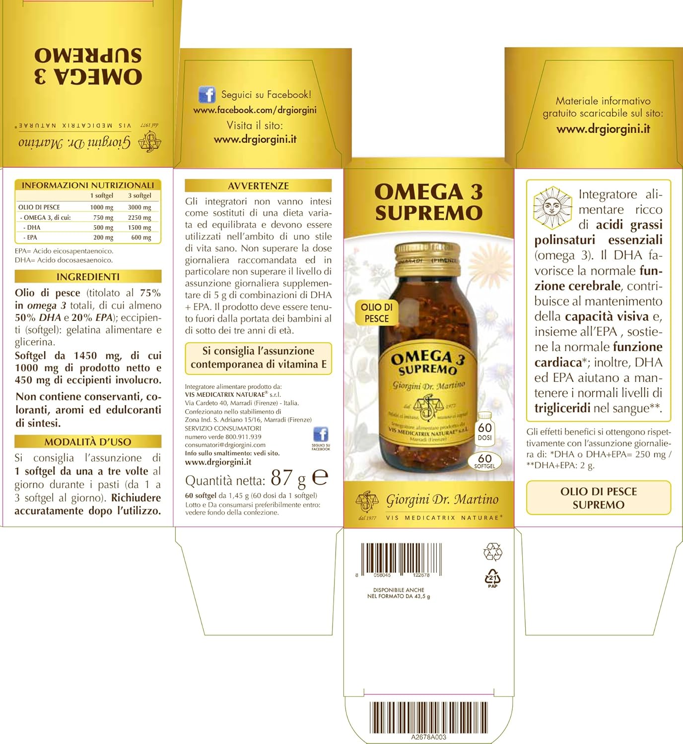 Dr Giorgini OMEGA 3 SUPREMO - 87 g - 60 Softgel Omega3 (integratore di Omega 3 con 700 mg di DHA + EPA per capsula - scorta di 2 mesi)