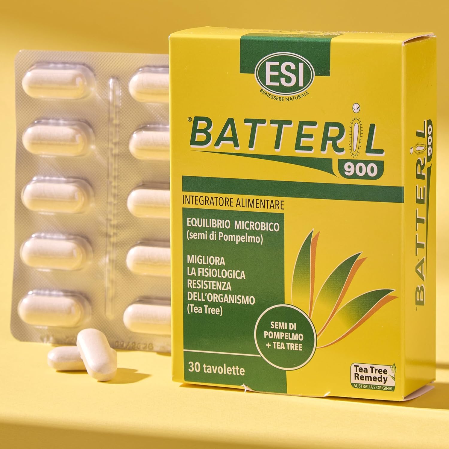ESI - Batteril 900, Integratore Alimentare di Tea Tree Oil e Semi di Pompelmo, Sostiene il Sistema Immunitario, Favorisce l'Equilibrio Microbico, Senza Glutine e Vegan, 30 Tavolette - Naturopatica shop & therapy