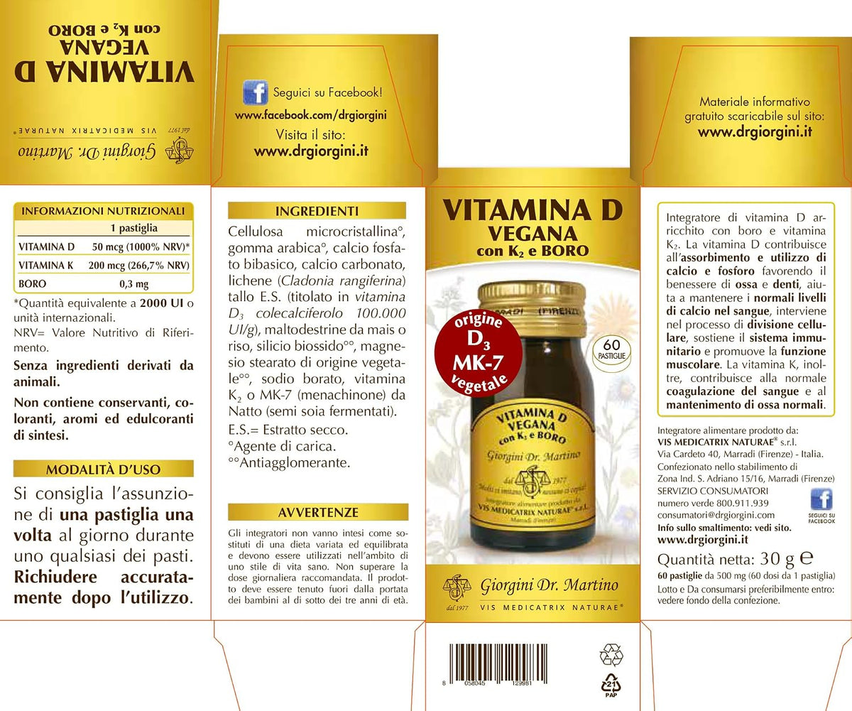Dr Giorgini VITAMINA D VEGANA con K2 e BORO - 30 g (Integratore di vitamina D3 e K2 per il benessere di ossa e denti -Scorta per 2 mesi: dosi per 60 giorni)