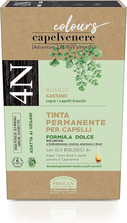 Helan, Capelvenere Colours, Tinta per Capelli Donna, Permanente Formula Dolce Nuance 4 Castano, Facile Applicazione Inodore con Olio di Crusca di Riso e Burro di Karitè, Senza Ammoniaca, Made in Italy