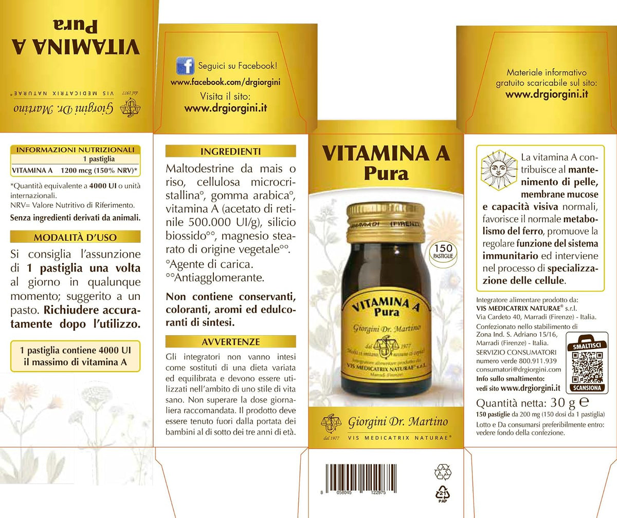 Dr Giorgini VITAMINA A Pura 30 g - pastiglie, Integratori Alimentari