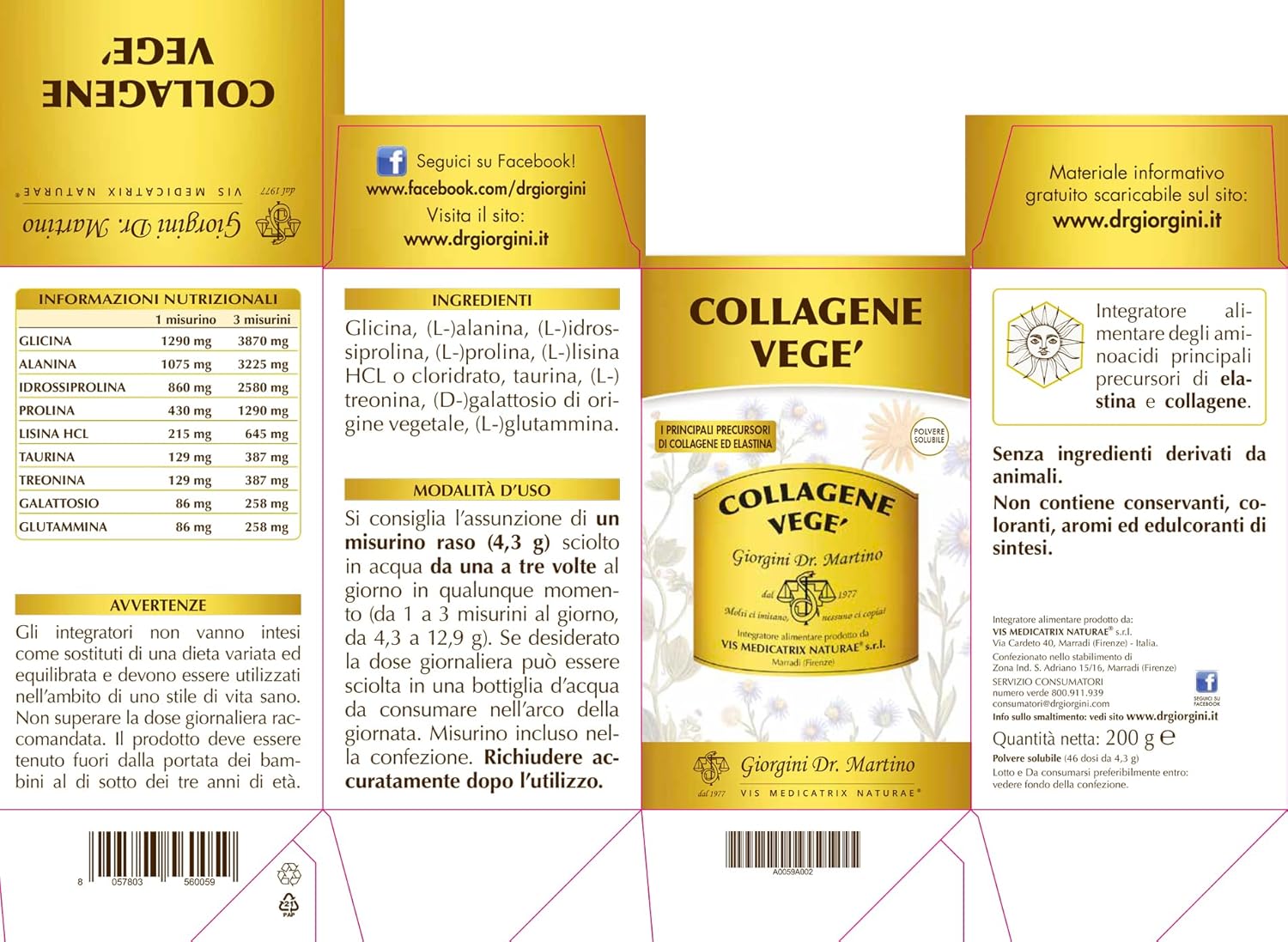 COLLAGENE VEGE' polvere solubile - 200 g (senza derivati di origine animale, con precursori di elastina e collagene)