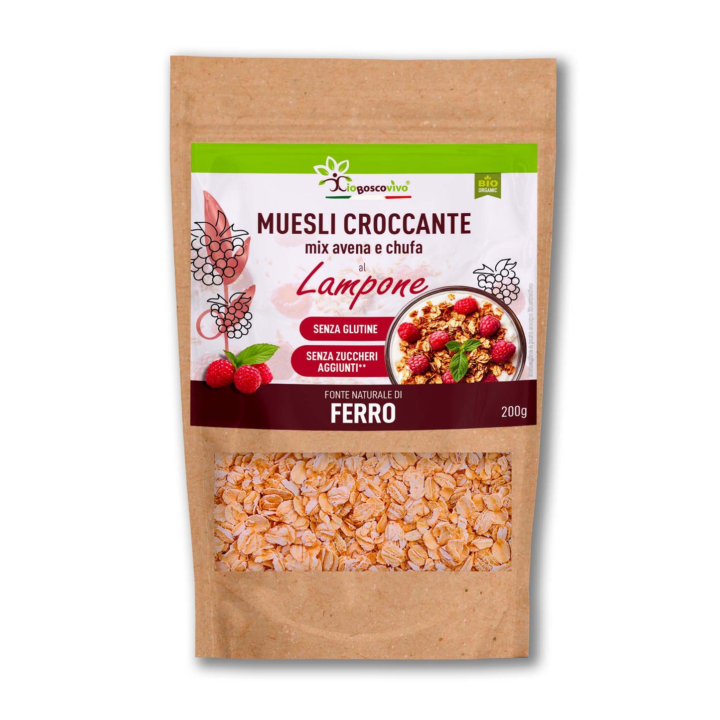 Muesli Croccante Bio Avena Chufa e Lampone Senza Glutine 200g - Nuova versione!