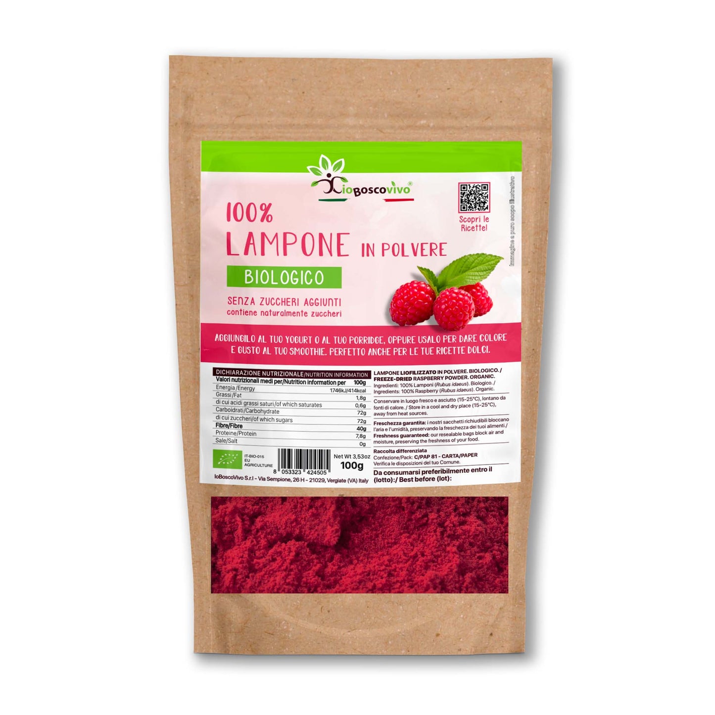 100% Lampone liofilizzato in polvere BIO - 100g Ideale per colorare le tue ricette!