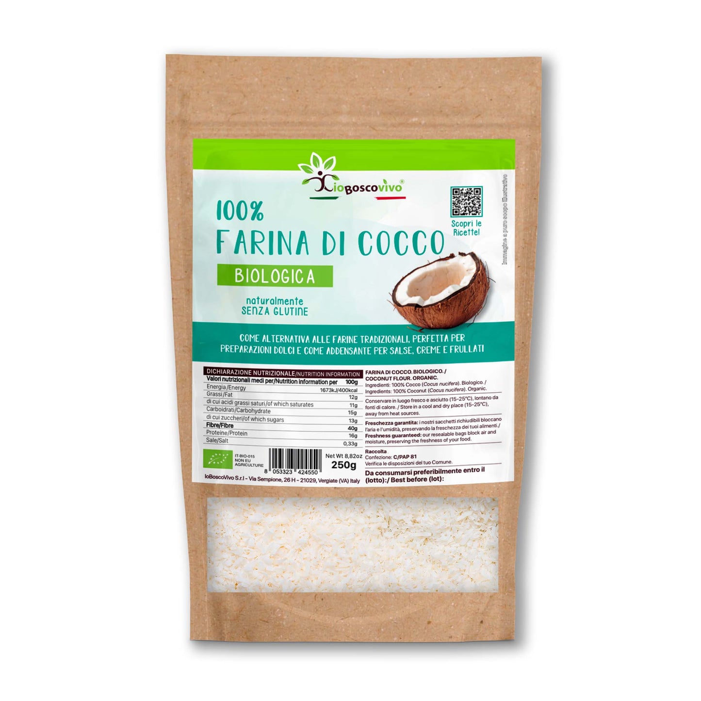 100% Farina di Cocco senza glutine BIO - 250g Ideale per Dieta Chetogenica