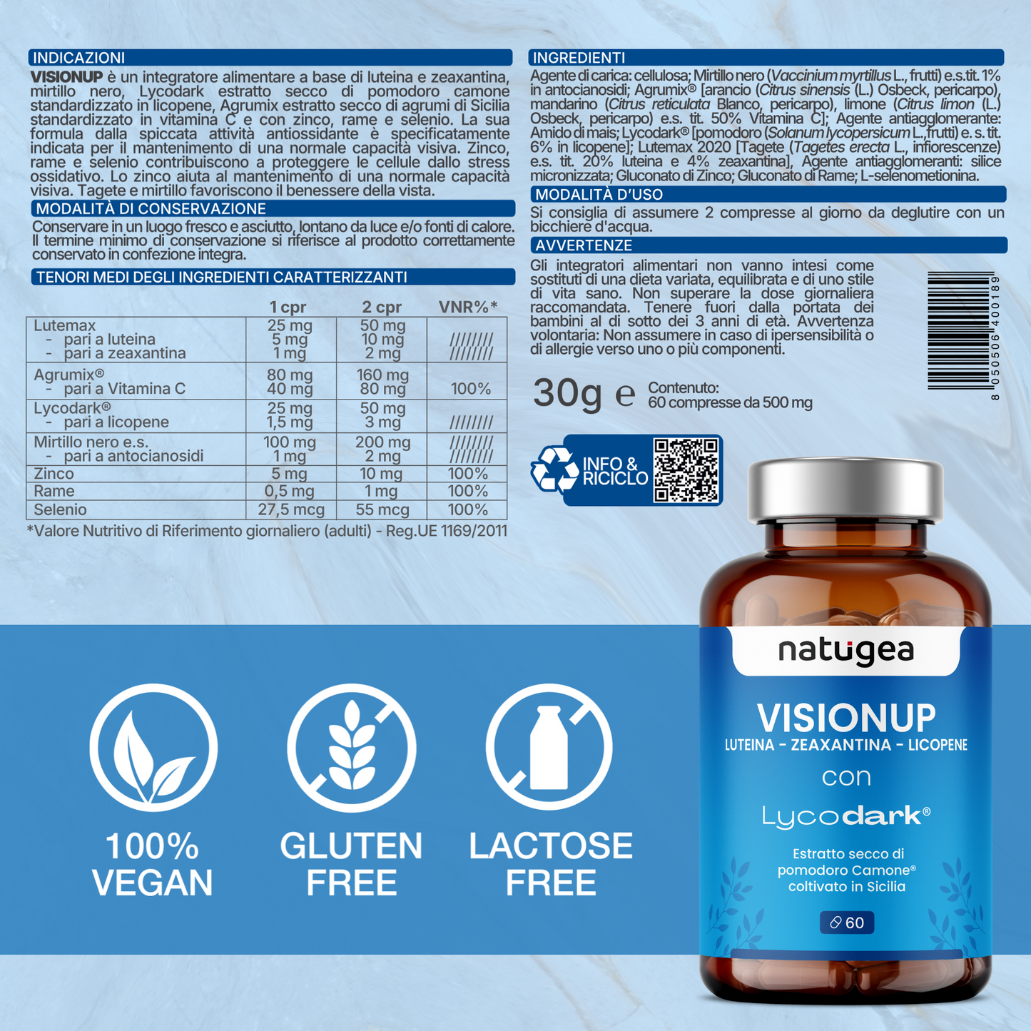 Integratore per la Vista con Luteina, Zinco e Vitamina C – Licopene da Pomodoro Camone e Mirtillo Nero – 60 Compresse