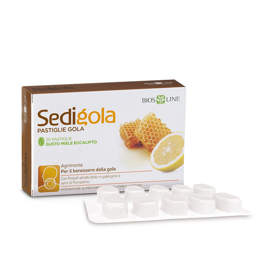 BIOS LINE Sedigola 20 Pastiglie Gusto Miele e Eucalipto, Integratore Alimentare per il Benessere della Gola, con Propoli ad Alto Titolo in Galangina e Semi di Pompelmo - Naturopatica shop & therapy
