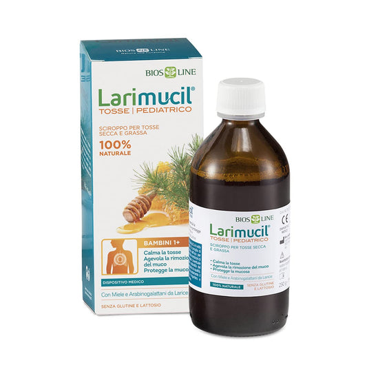 BIOS LINE Larimucil Tosse Pediatrico Sciroppo, Dispositivo Medico, Sciroppo Bambini Per Tosse Secca e Grassa, Gusto Gradevole Mela, Senza Gliutine e Lattosio, Flacone 175 ml - Naturopatica shop & therapy
