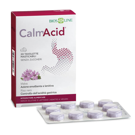 BIOS LINE Calmacid Integratore Alimentare per il Controllo dell'Acidità Gastrica con Malva e Riso Nero, 20 Tavolette Masticabili Senza Zuccheri - Naturopatica shop & therapy
