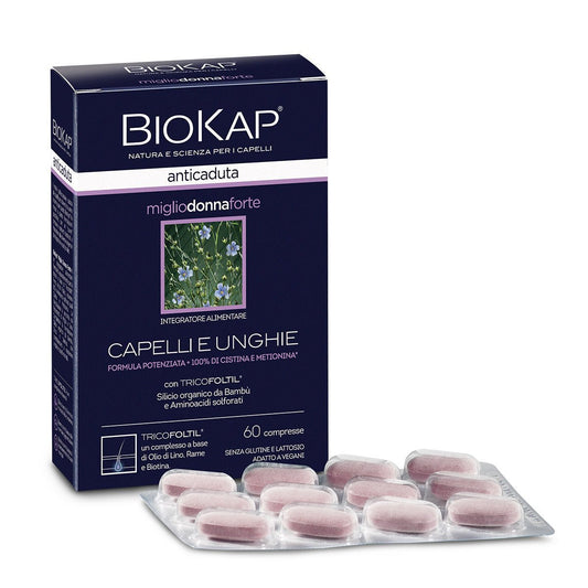 BIOKAP Anticaduta Miglio Donna Forte, Trattamento capelli e unghie specifico per le donne, Per capelli e unghie fragili, Integratore capelli senza glutine, 60 Compresse - Naturopatica shop & therapy