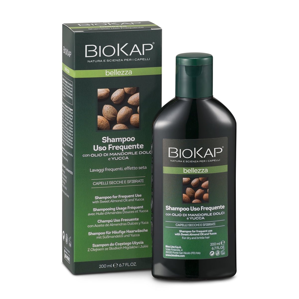 BIOKAP Shampoo Uso Frequente, Shampoo idratante con Olio di Mandorle Dolci e Yucca per lavaggi frequenti, Adatto a tutti i tipi di capello, Rende i capelli luminosi, 200 ml - Naturopatica shop & therapy