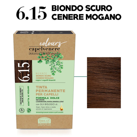 Helan, Capelvenere Colours, Tinta per Capelli Naturale Permanente, N6.15 Biondo Scuro Cenere Mogano - Kit Facile Applicazione Inodore, Ottima Copertura - Tinta Capelli senza Ammoniaca e Alcool, 125 ml - Naturopatica shop & therapy